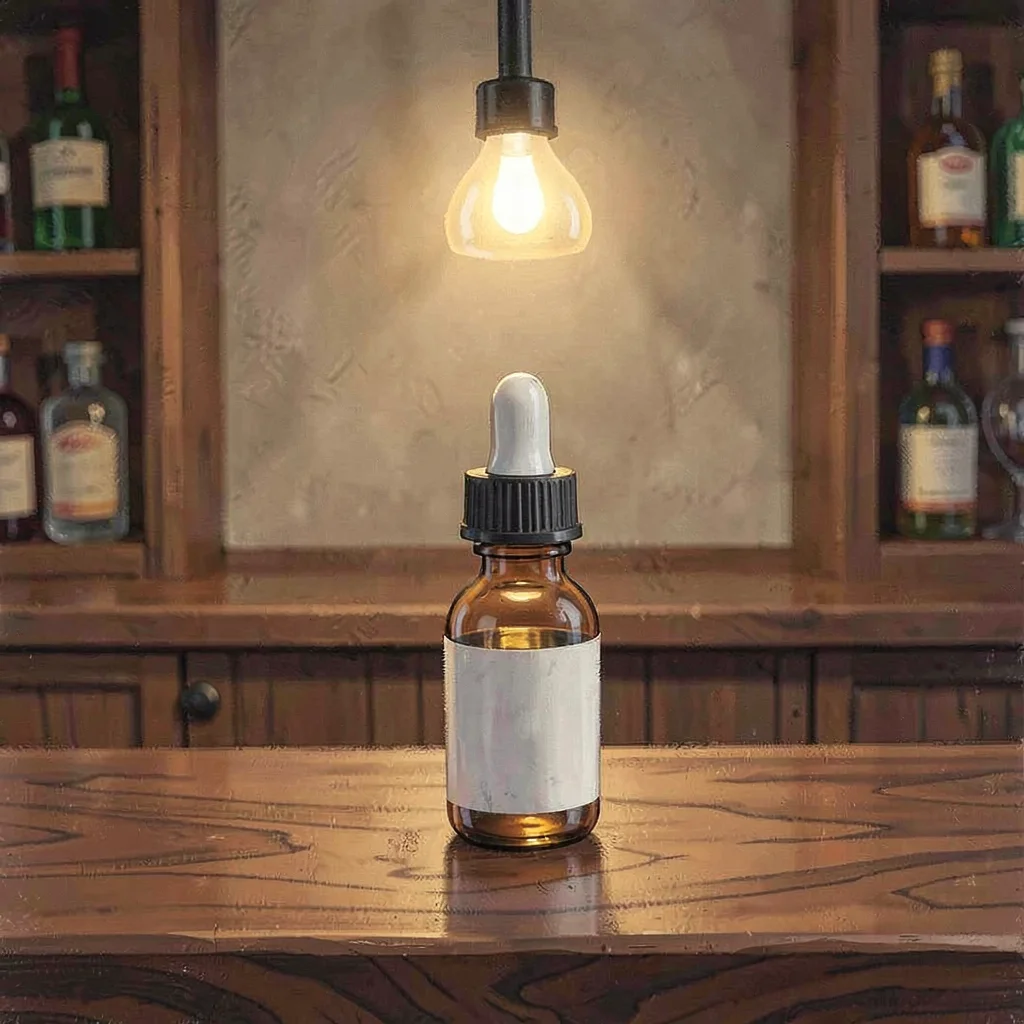 Tiny dropper-bottle of bitters on a walnut bar top with a single warm pendant gl