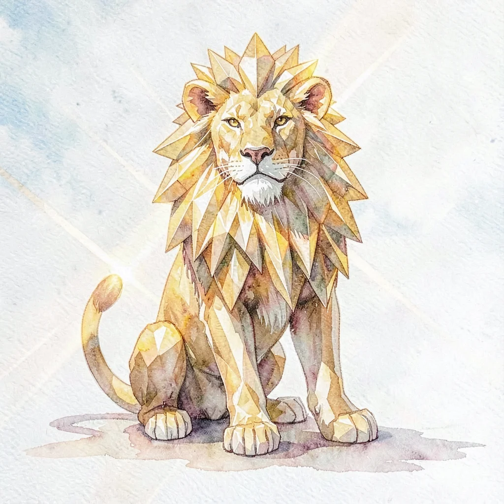 Crystalline citrine lowpoly lion seated in heraldic pose with mane as sharp gold
