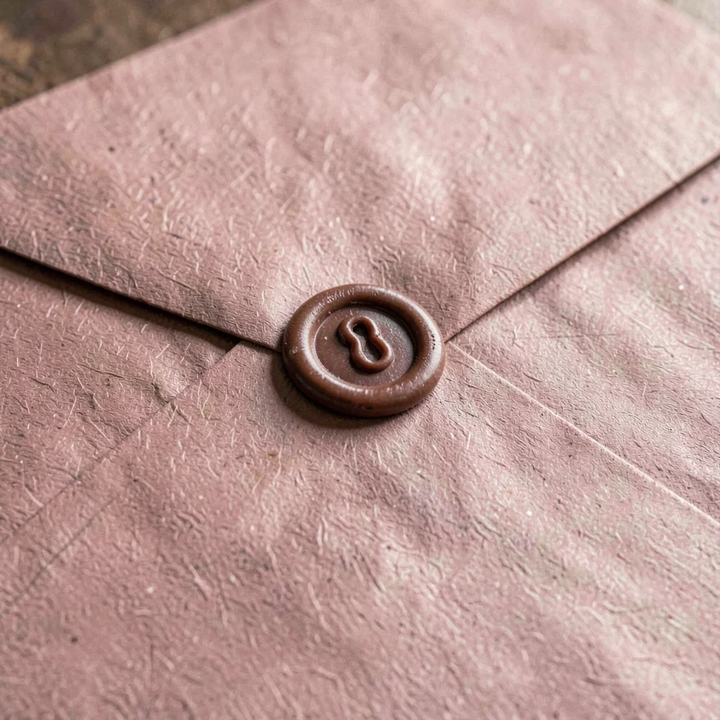 Macro of an envelope with a wax seal in dusty rose, fiber grain visible