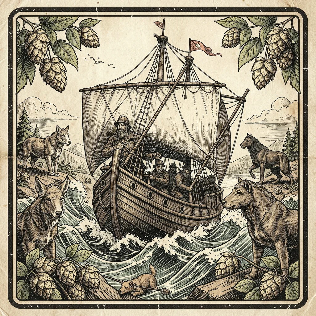 Craft beer label illustration, Viking ship sailing through hops waves , brewery 