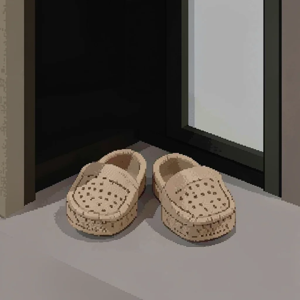 Two paired straw slippers placed neatly at the threshold of a sliding door frame