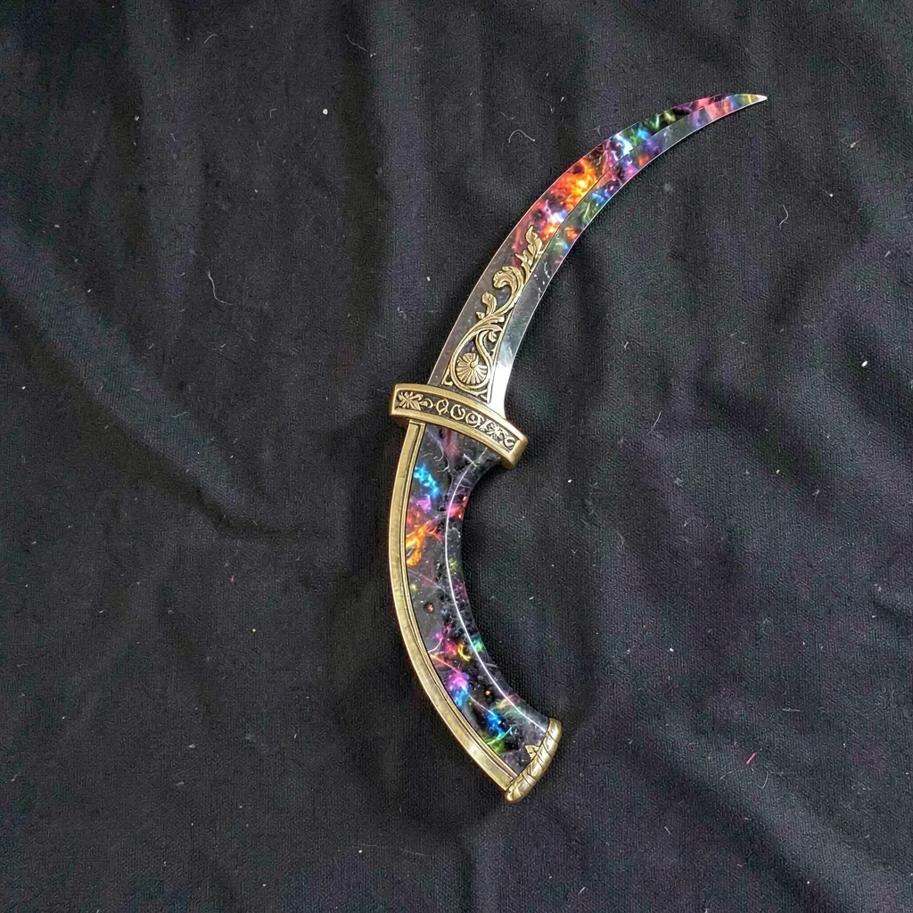 Ornate prop study of a curved cinder blade with brass guard and obsidian edge, i