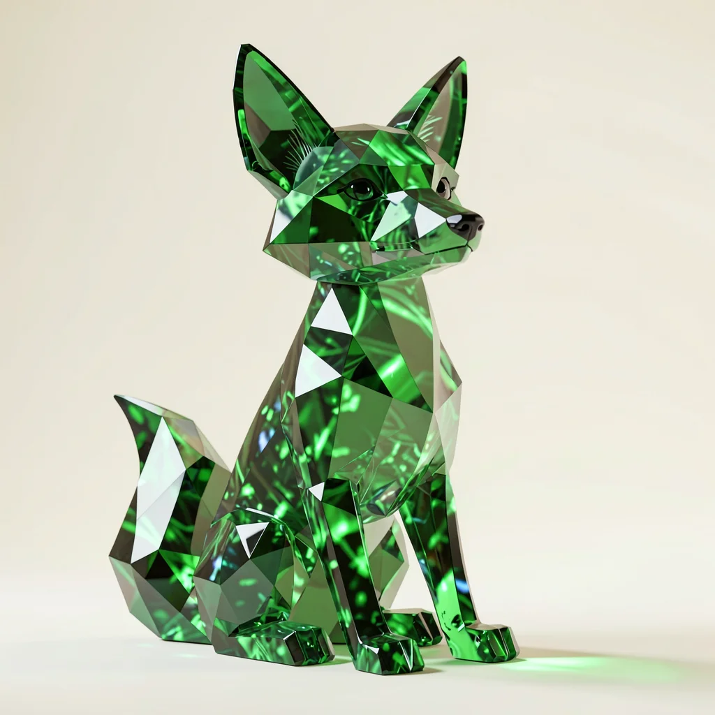 Emerald-glass faceted lowpoly fox sitting alert with internal facets refracting 