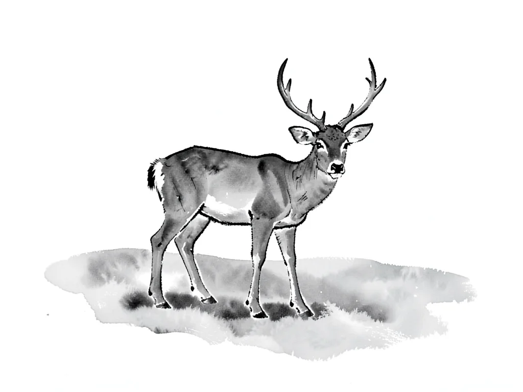 Deer standing still in snow, soft grey wash for the snowy ground