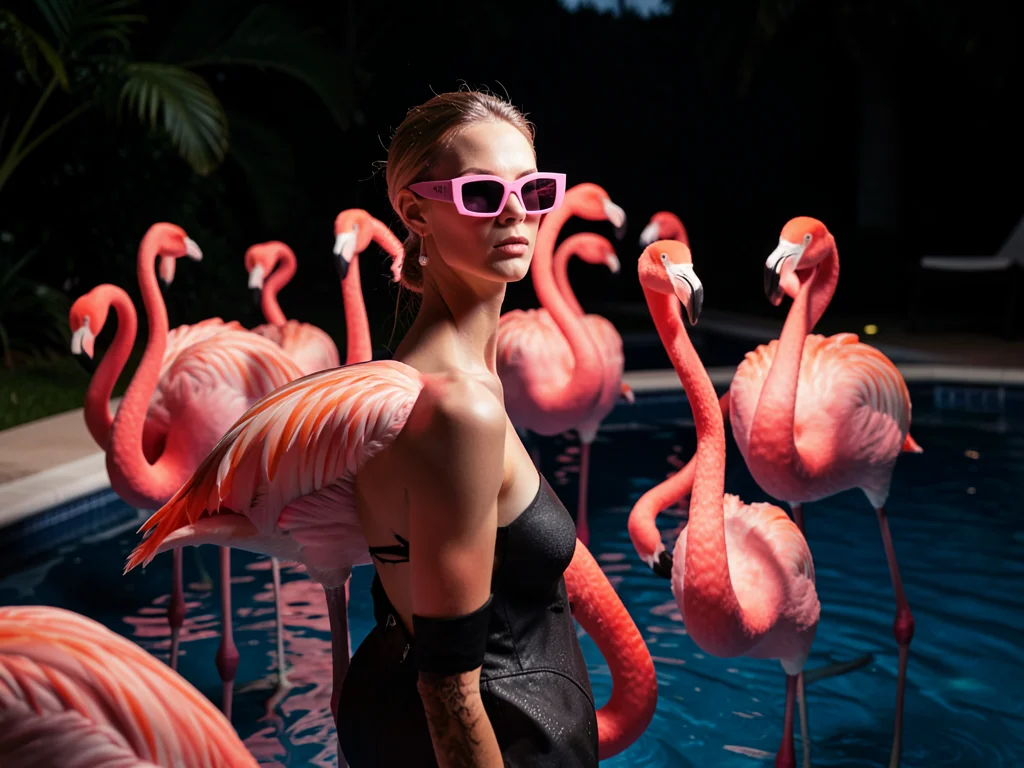 Flamingo flock in matching pink designer sunglasses, poolside editorial