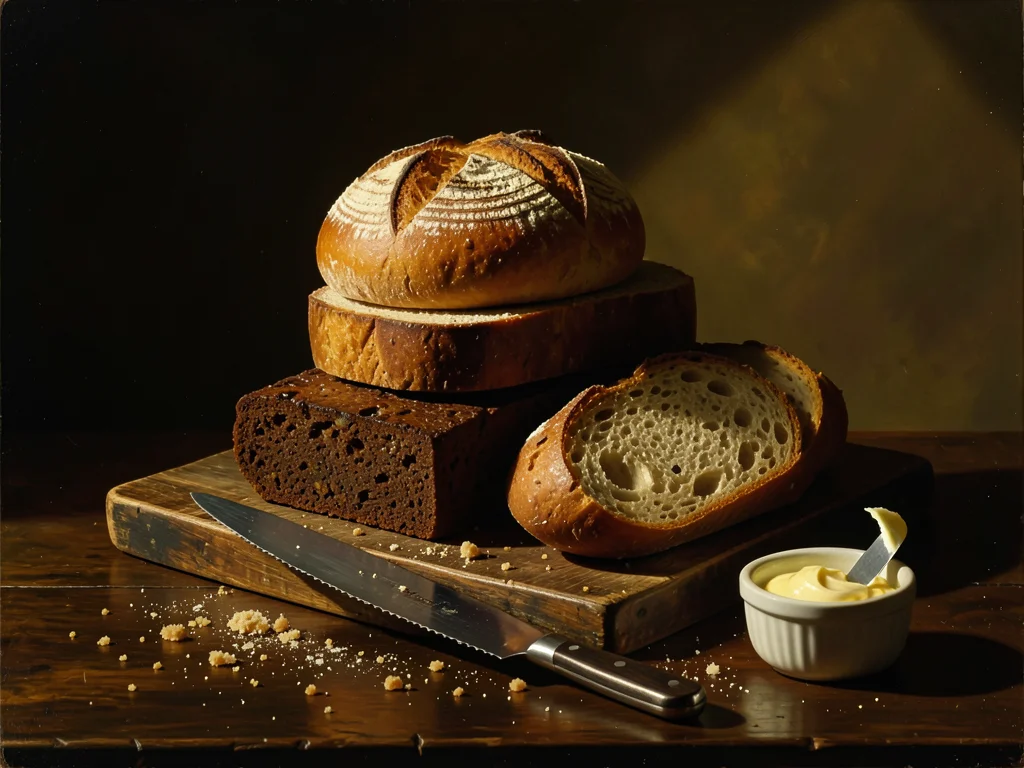 A stack of three different breads on a cutting board — a round sourdough boule w