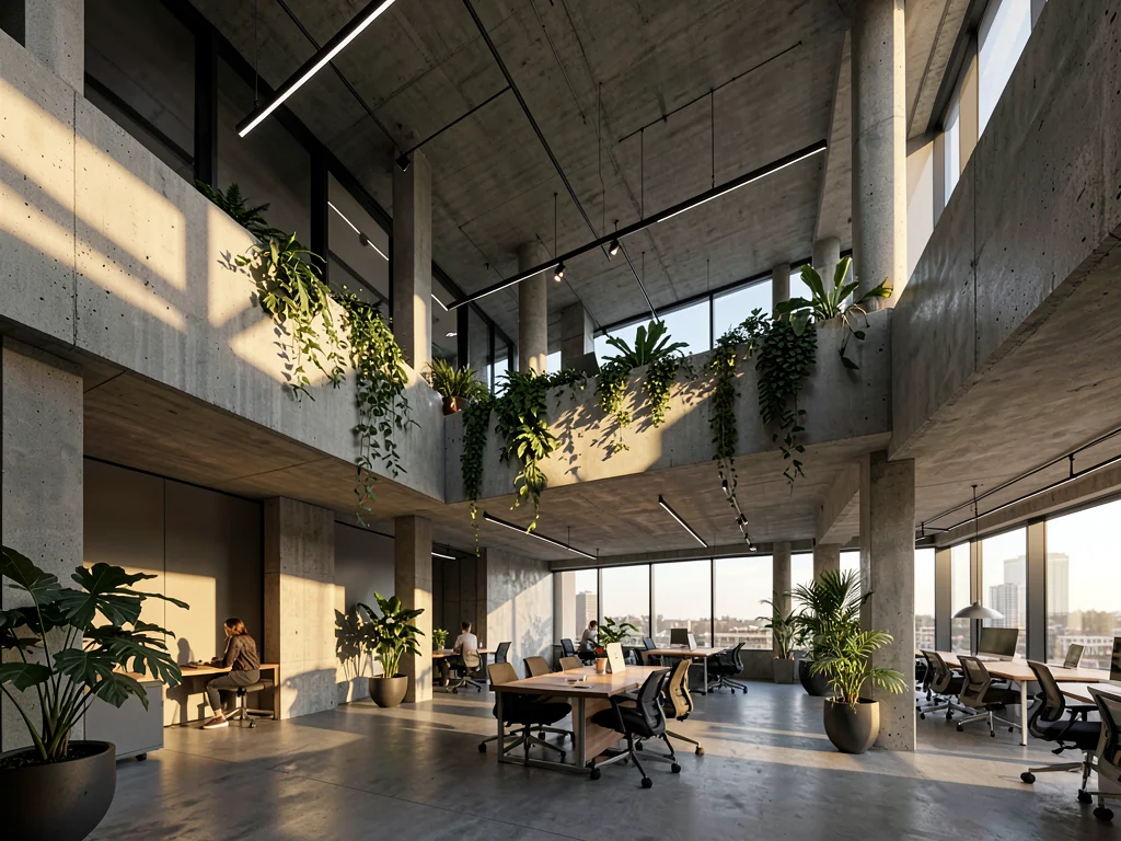 Brutalist concrete coworking space interior with double-height ceilings, plants 