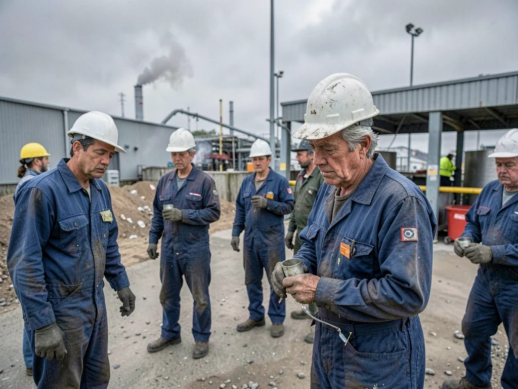 Factory workers on smoke break under grey sky, coveralls and tired faces in hone