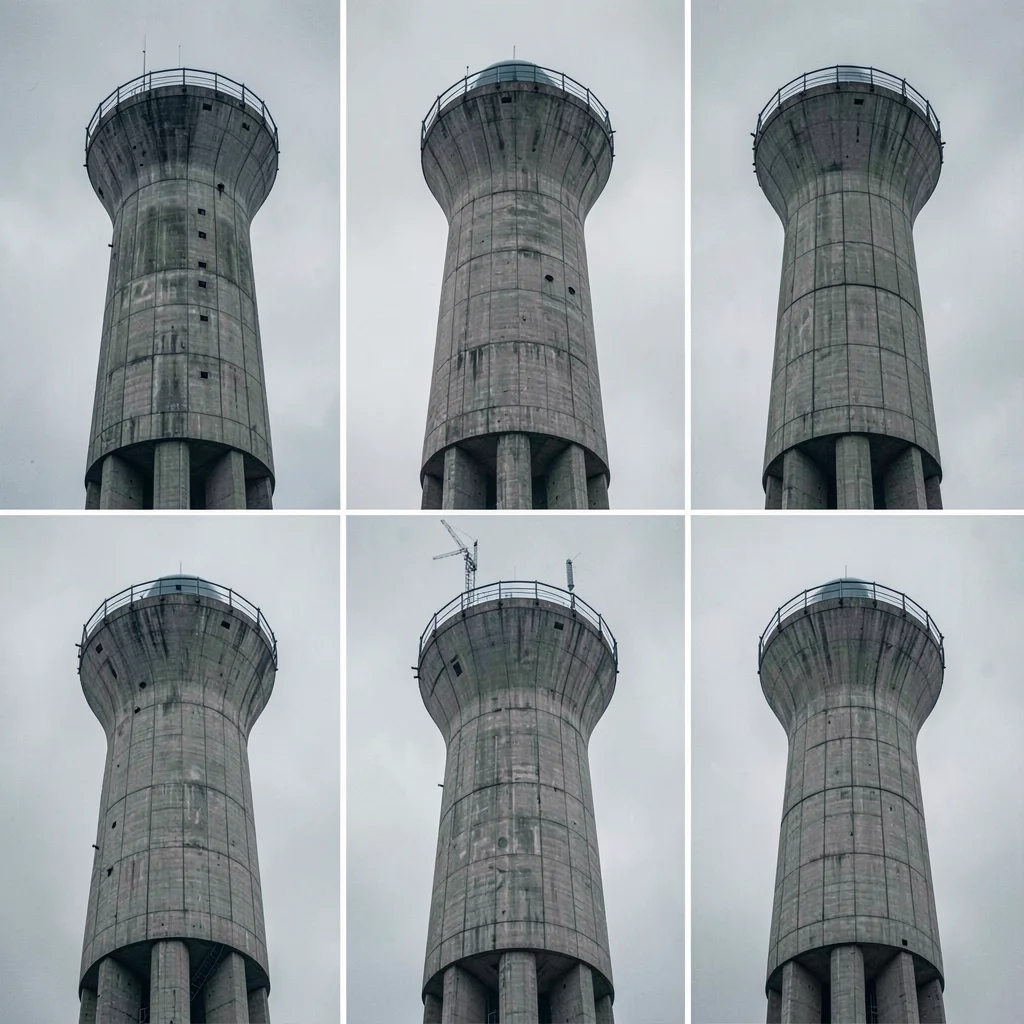 Precise geometric composition, industrial clarity, Typology of nine concrete wat