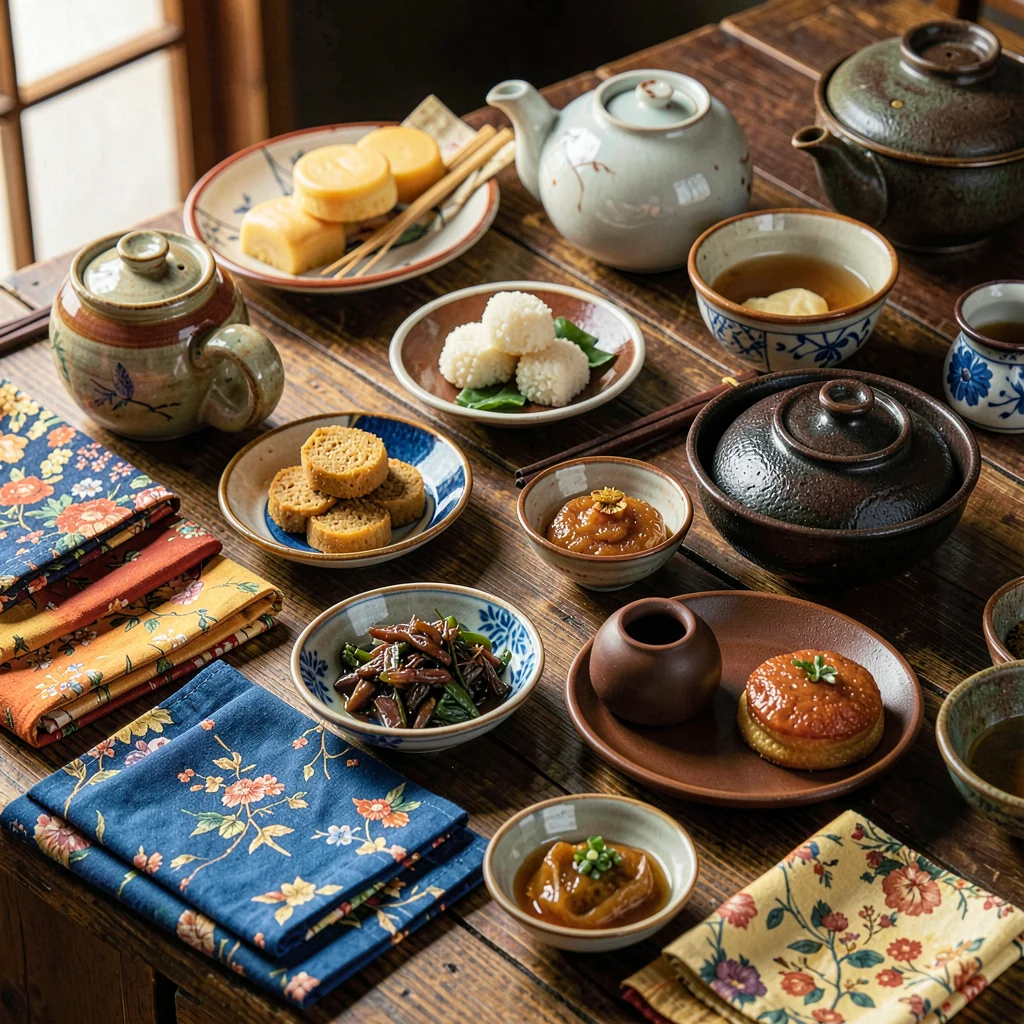 Densely layered composition, rich saturated colors, Tea ceremony preparation wit