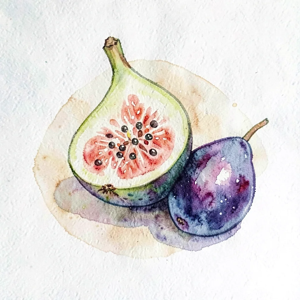 Gouache spot of a halved fig with seeds visible, plum and butter palette