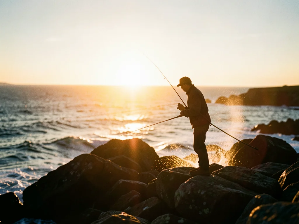 Silhouette of a lone fisherman casting from rocks on the Ring of Kerry coast, su