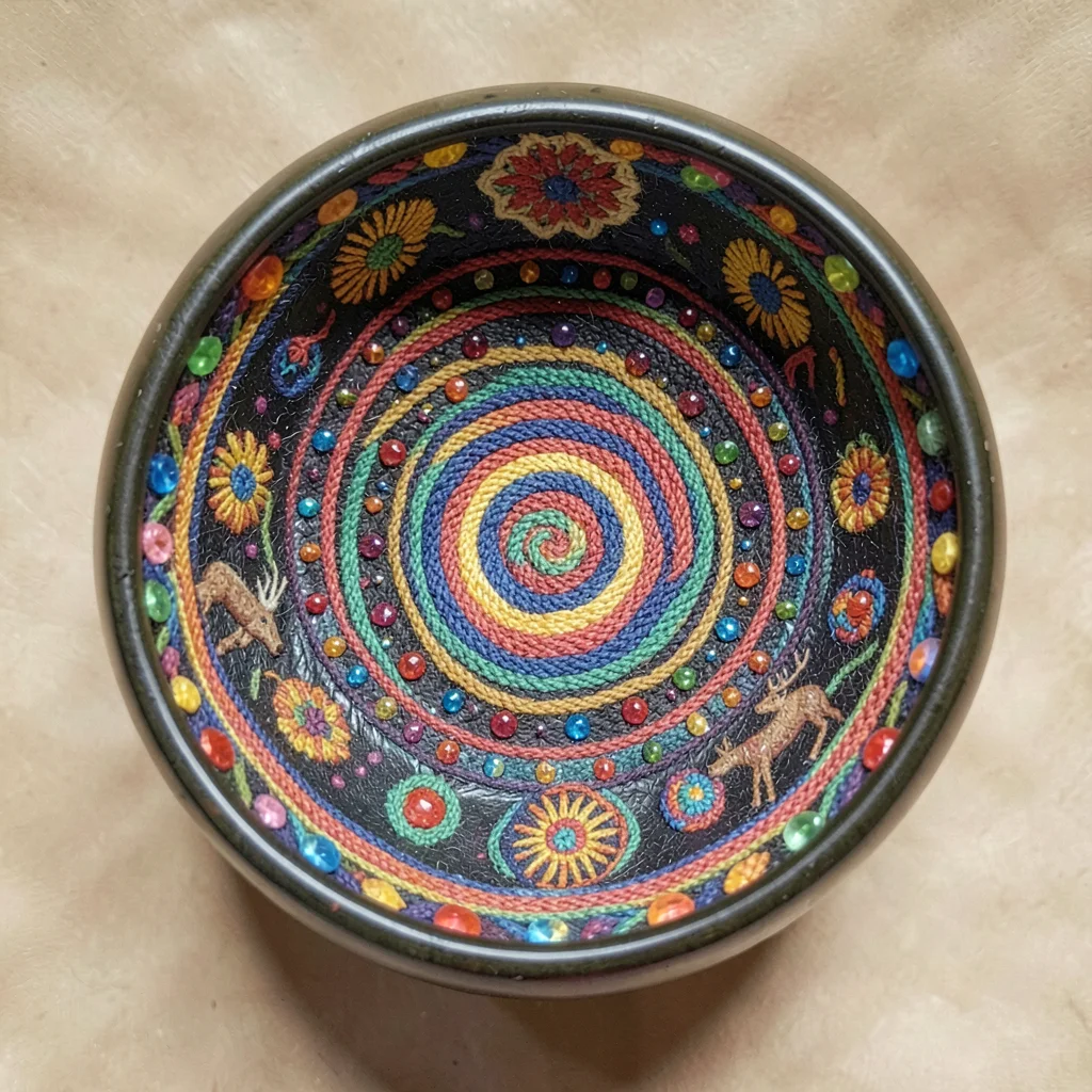 Sacred gourd bowl from above — interior covered in concentric yarn spiral patter