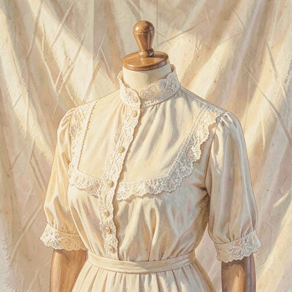 Warm-paper hero of a high-necked blouse on a dress form against a creased linen 