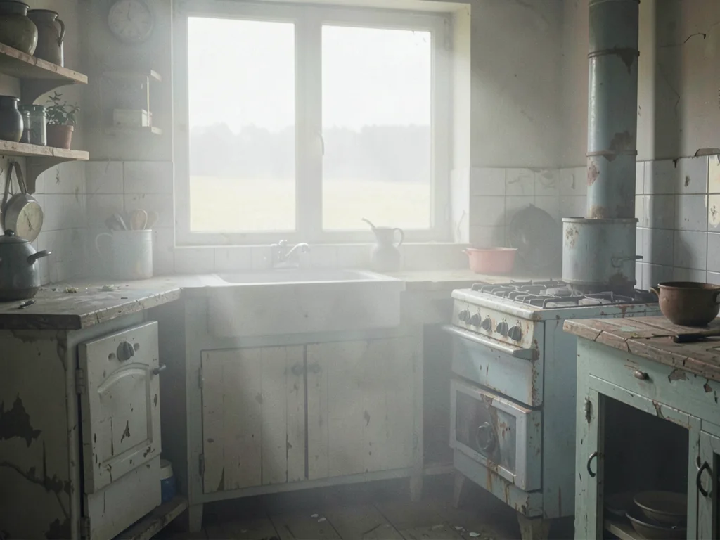 Kitchen of an abandoned farmhouse with a stove gone cold, window showing only pa