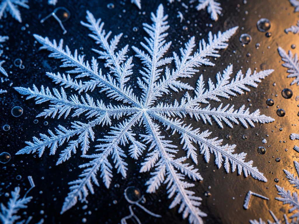 Frost feathers growing on a cold metal surface, directional crystal growth from 