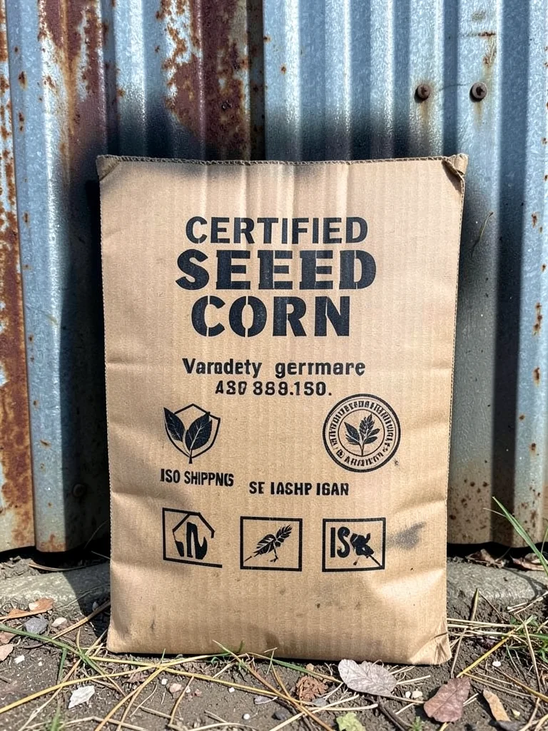 A seed bag leaning against a barn wall — CERTIFIED SEED CORN, variety number, ge
