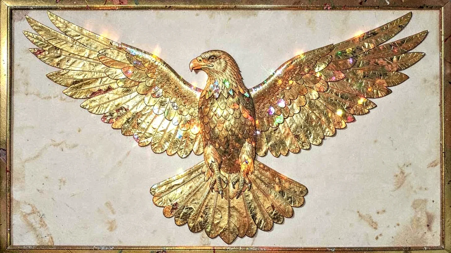 Gold leaf illuminated illustration, eagle with spread wings , burnished gold lea