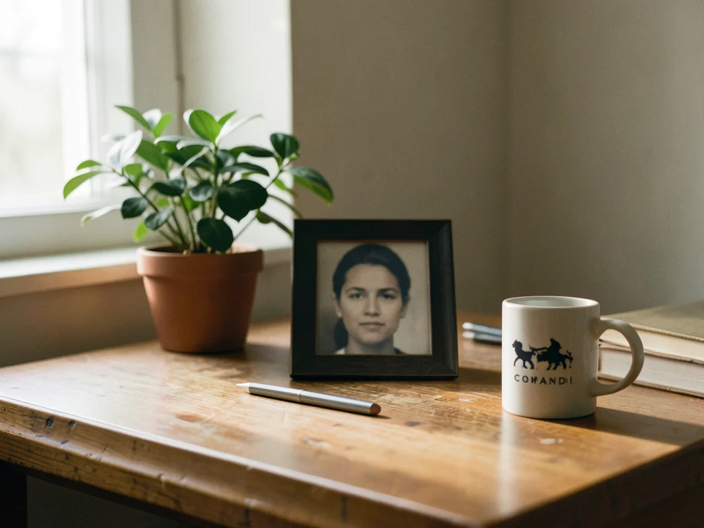 An empty desk after someone has left: a plant, a framed photo face-down, a mug w