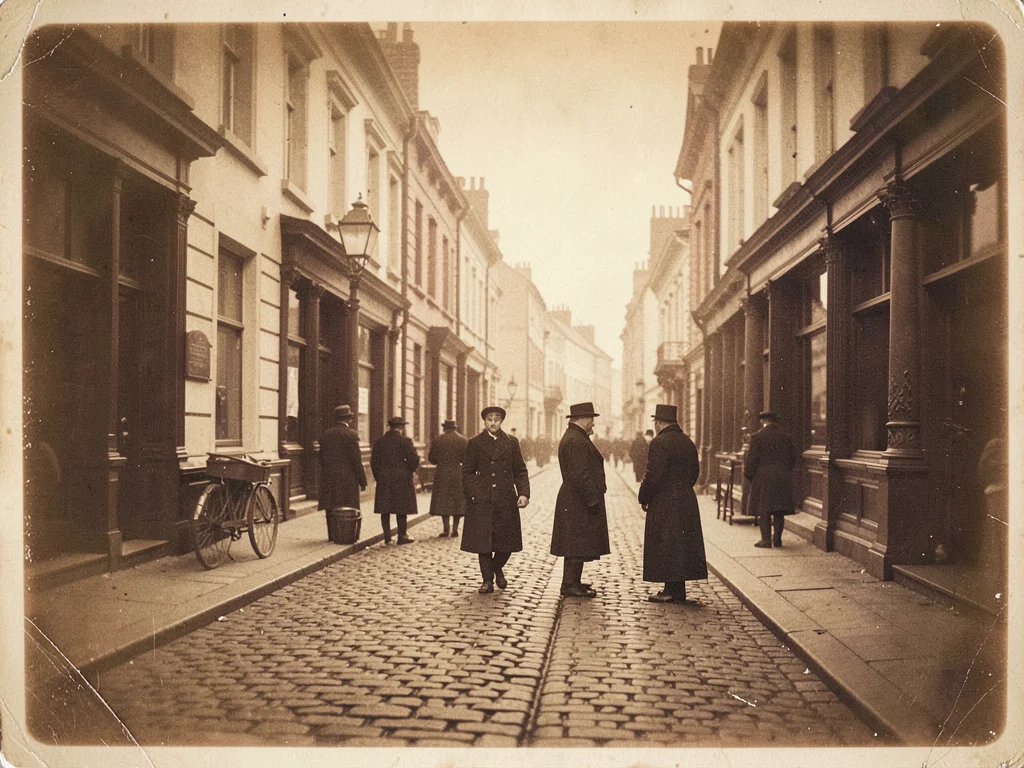 A Victorian street scene — cobblestones, gas lamp, figures in long coats