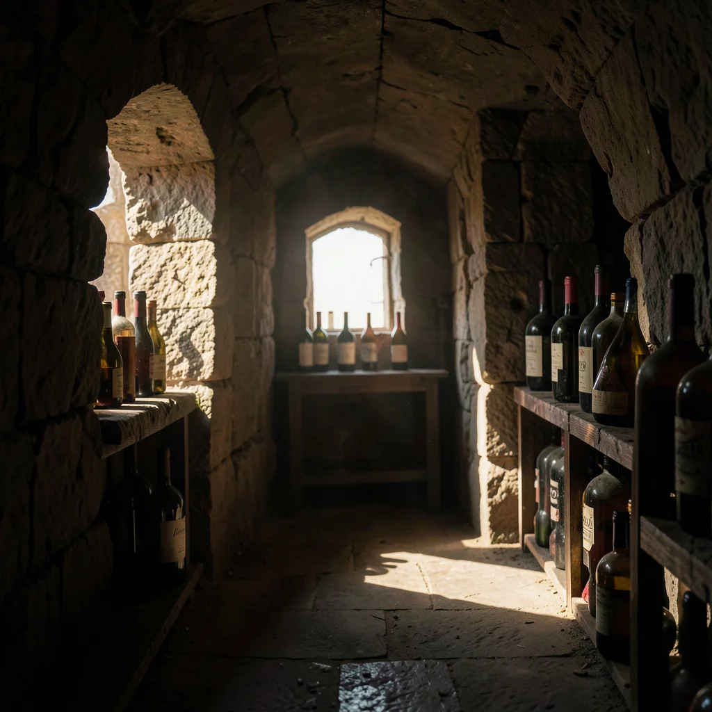 Dramatic natural light streaming through stone openings, deep chiaroscuro shadow