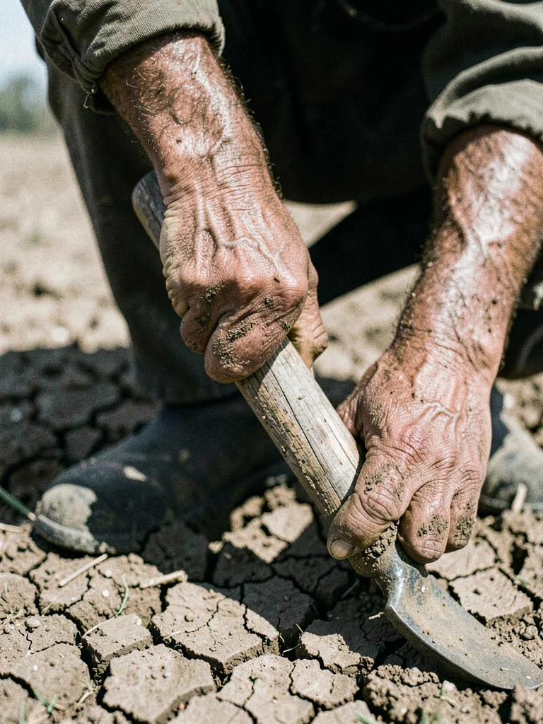 Farm worker's hands gripping a hoe handle, earth-caked knuckles, mid-stroke in d