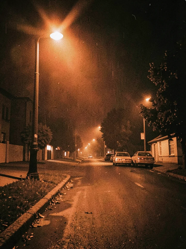 Sodium vapor street lamp close-up, glowing orange tube, light source portrait