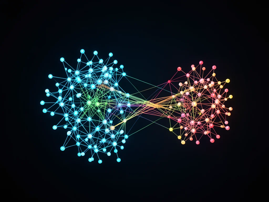 A force-directed graph: clusters of nodes pulling together, bridges between clus