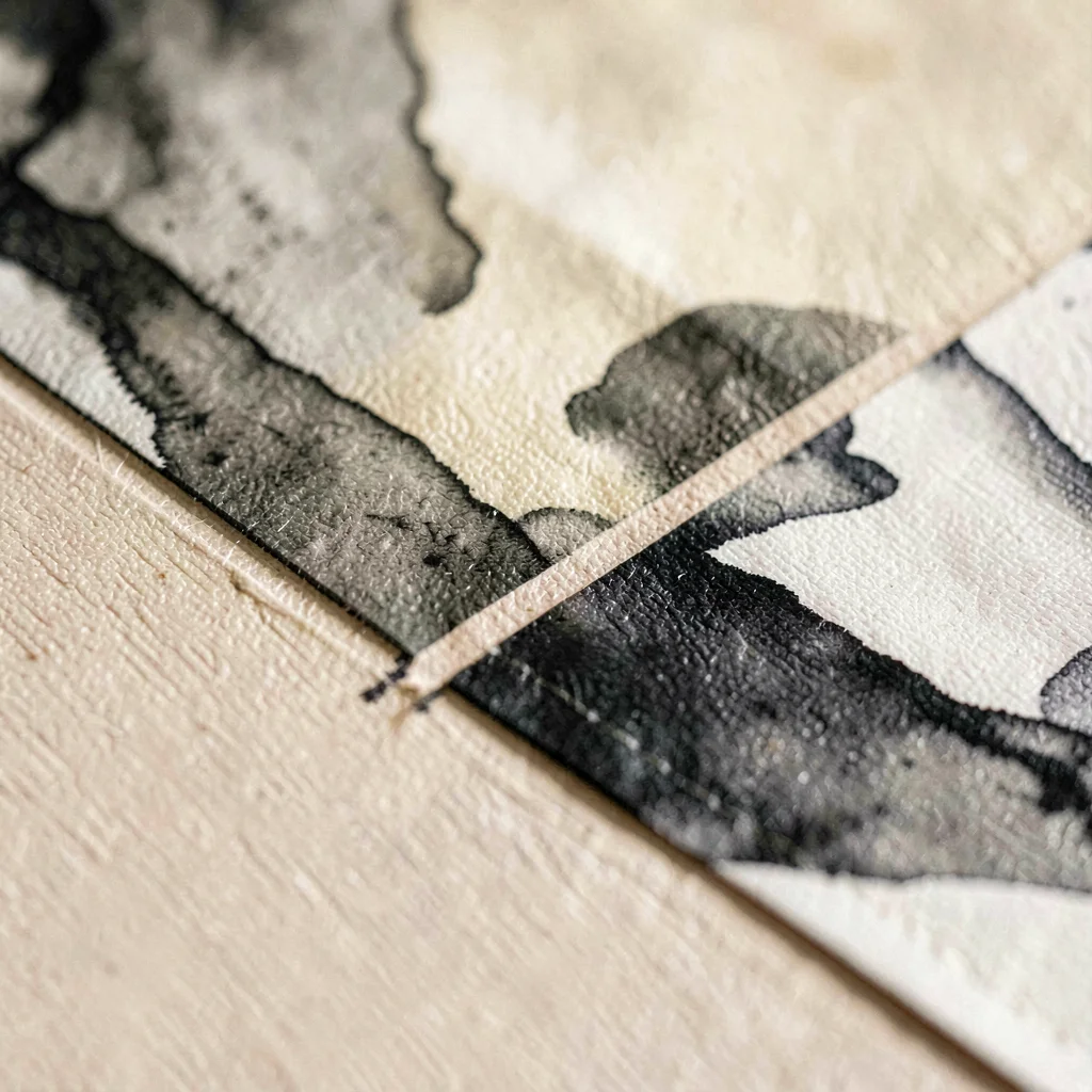 Macro of a silk scarf print at the registration boundary, two ink layers meeting