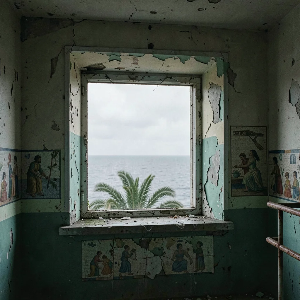 Peeling Window Frame Looking Out to Grey Black Sea