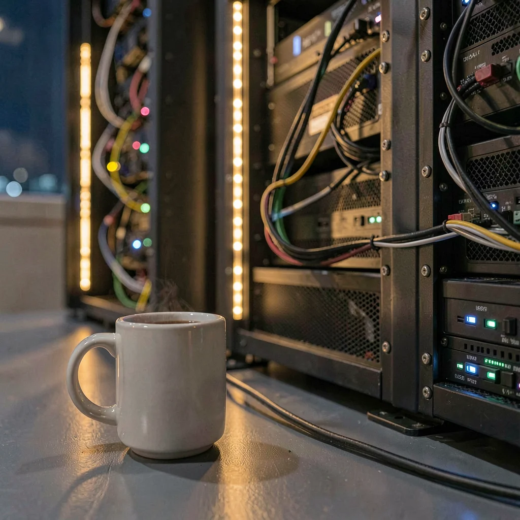 Coffee mug beside a humming server rack at night, warm amber LED accents on meta