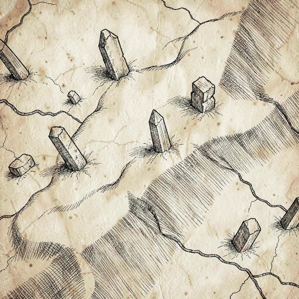 Top-down parchment map detail of a desert region with dune contours and ruined o