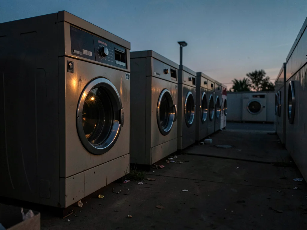 Laundromat at dusk, last loads spinning, week's preparation in progress