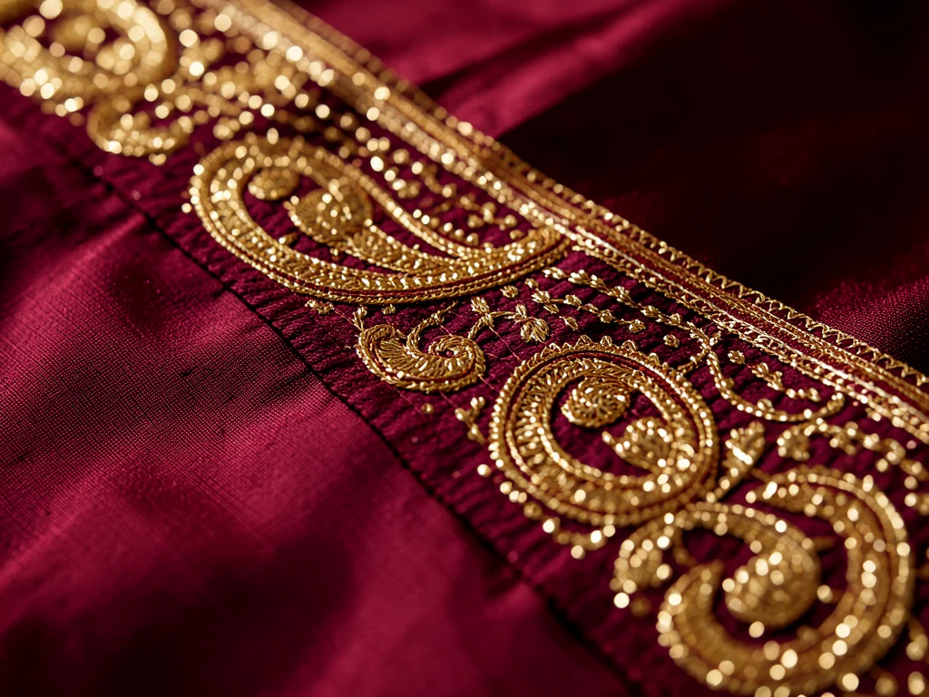 Macro of a silk sari border, the zari (metallic) thread creating an elaborate br