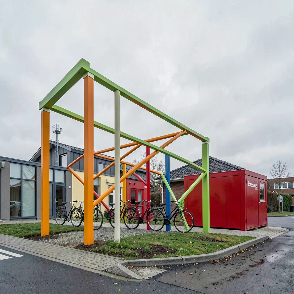 Danish design infrastructure, hygge mechanics, Bicycle parking structure in prim