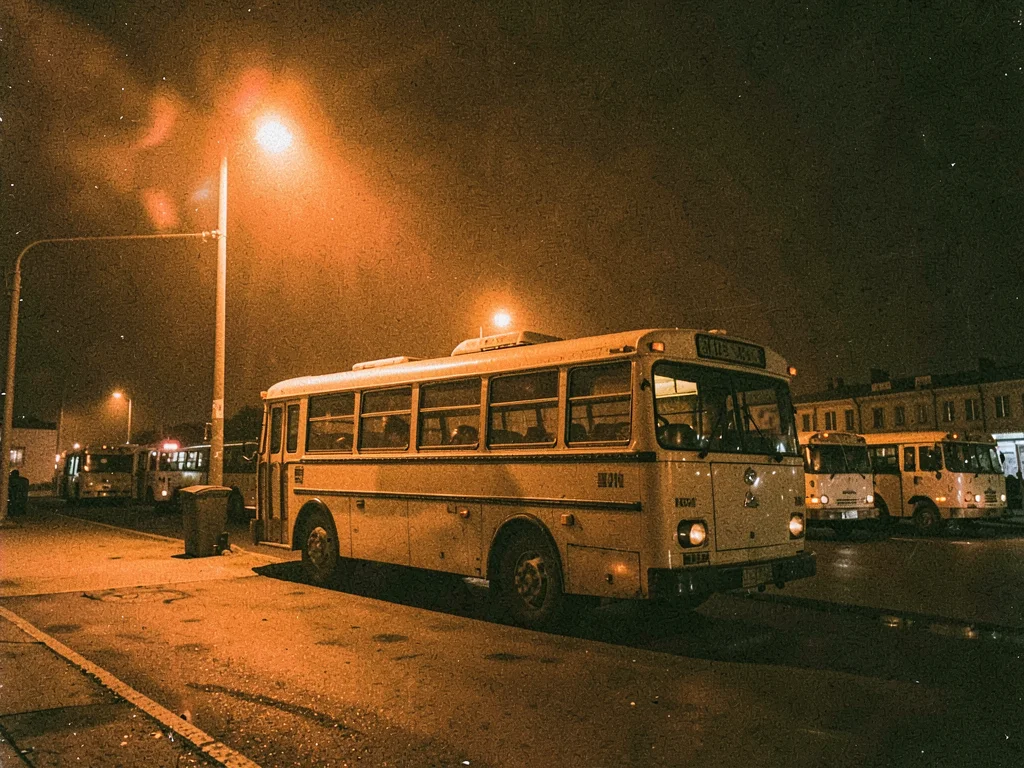 Parked bus under orange light, public transit dormancy, fleet at rest