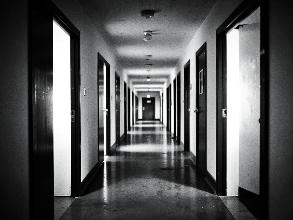 A row of identical doorways in a long corridor, each framing a rectangle of ligh