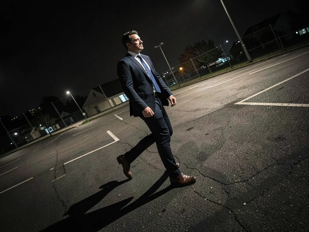 Businessman crossing empty parking lot at night, his shadow at wrong angle to hi