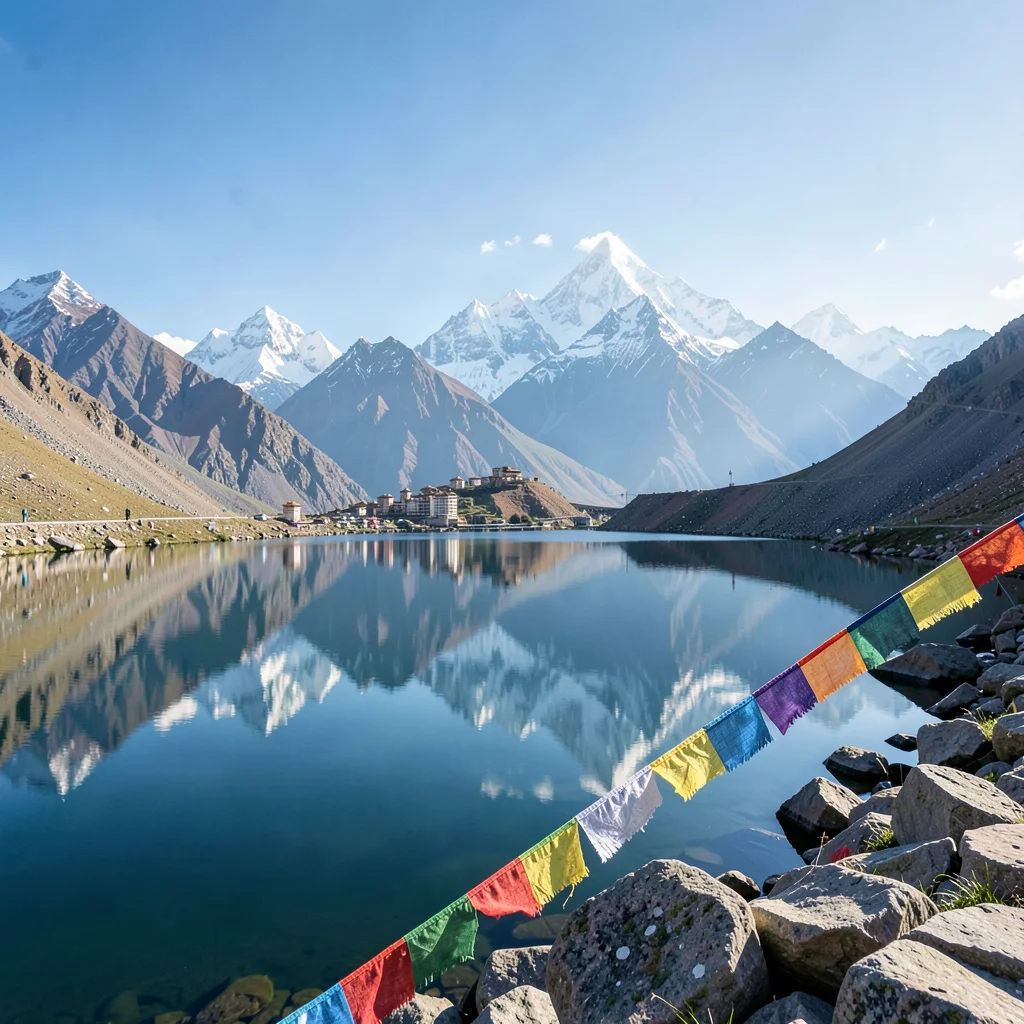 High altitude clarity of Kathmandu, Nepal, High altitude lake reflecting peaks, 