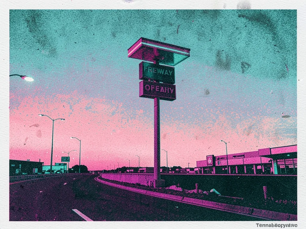 Freeway off-ramp at twilight with a gas station sign rising above a flat horizon