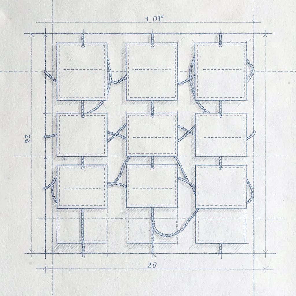 Blueprint sketch of a research wall covered in rectangular notecards connected b