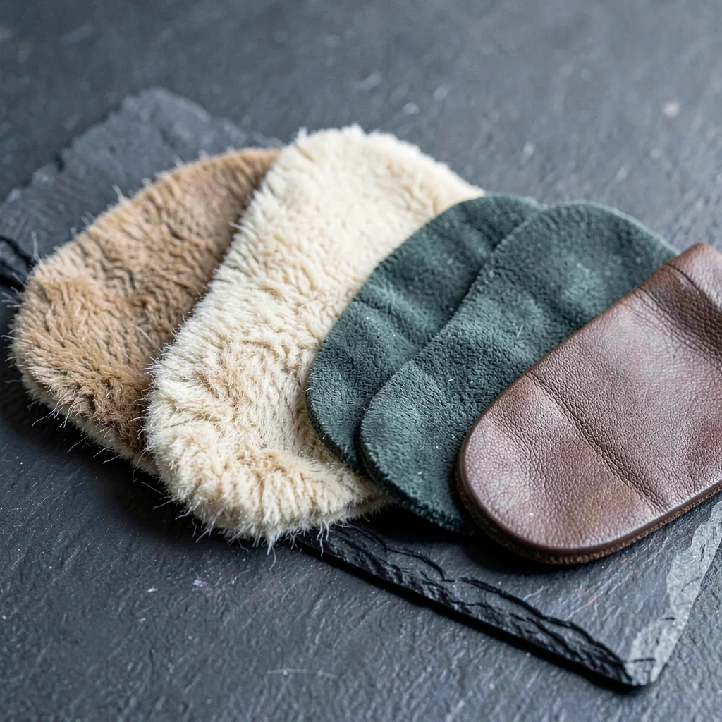 Material swatch study of three earpad materials fanned on slate, lambskin, micro