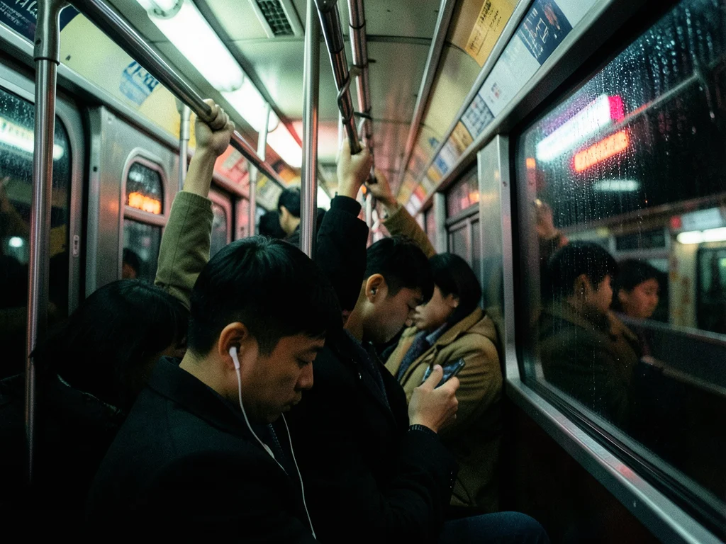 The interior of a subway car at rush hour, hands gripping overhead bars and stra
