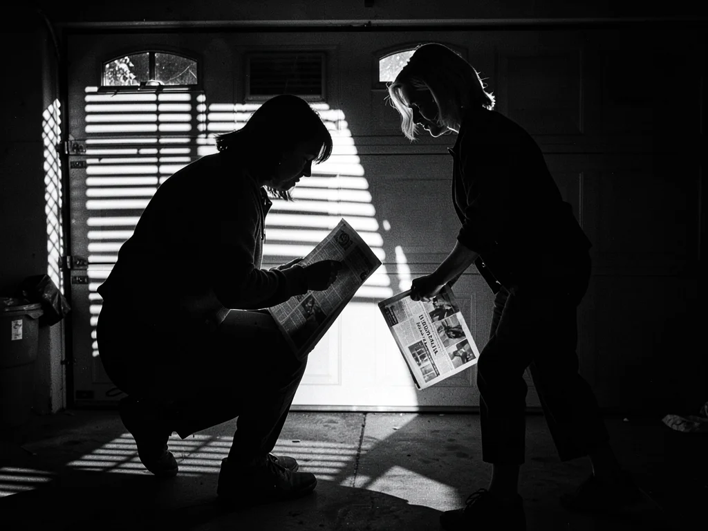 Soccer mom silhouette against garage door light, mysterious figure picking up ne