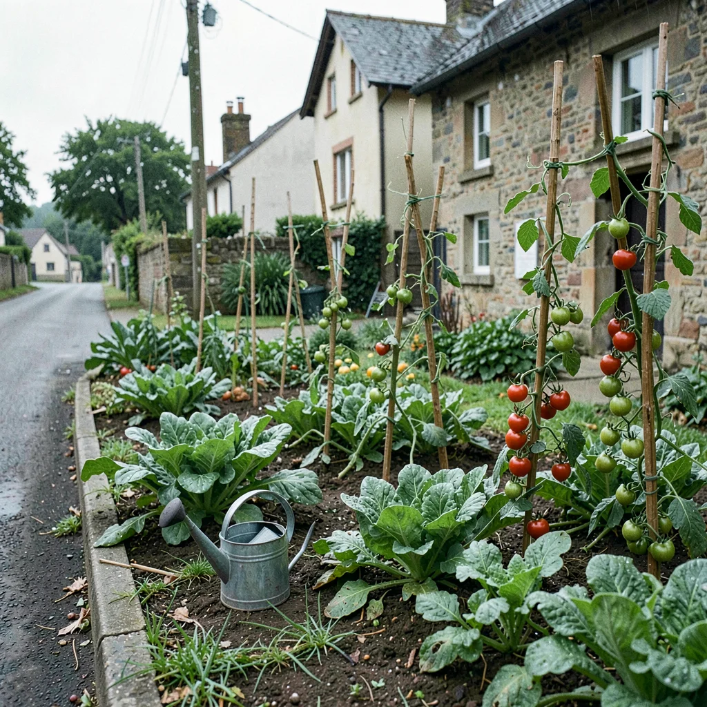 Quiet small town photography, contemplative scene, A vegetable garden behind a v