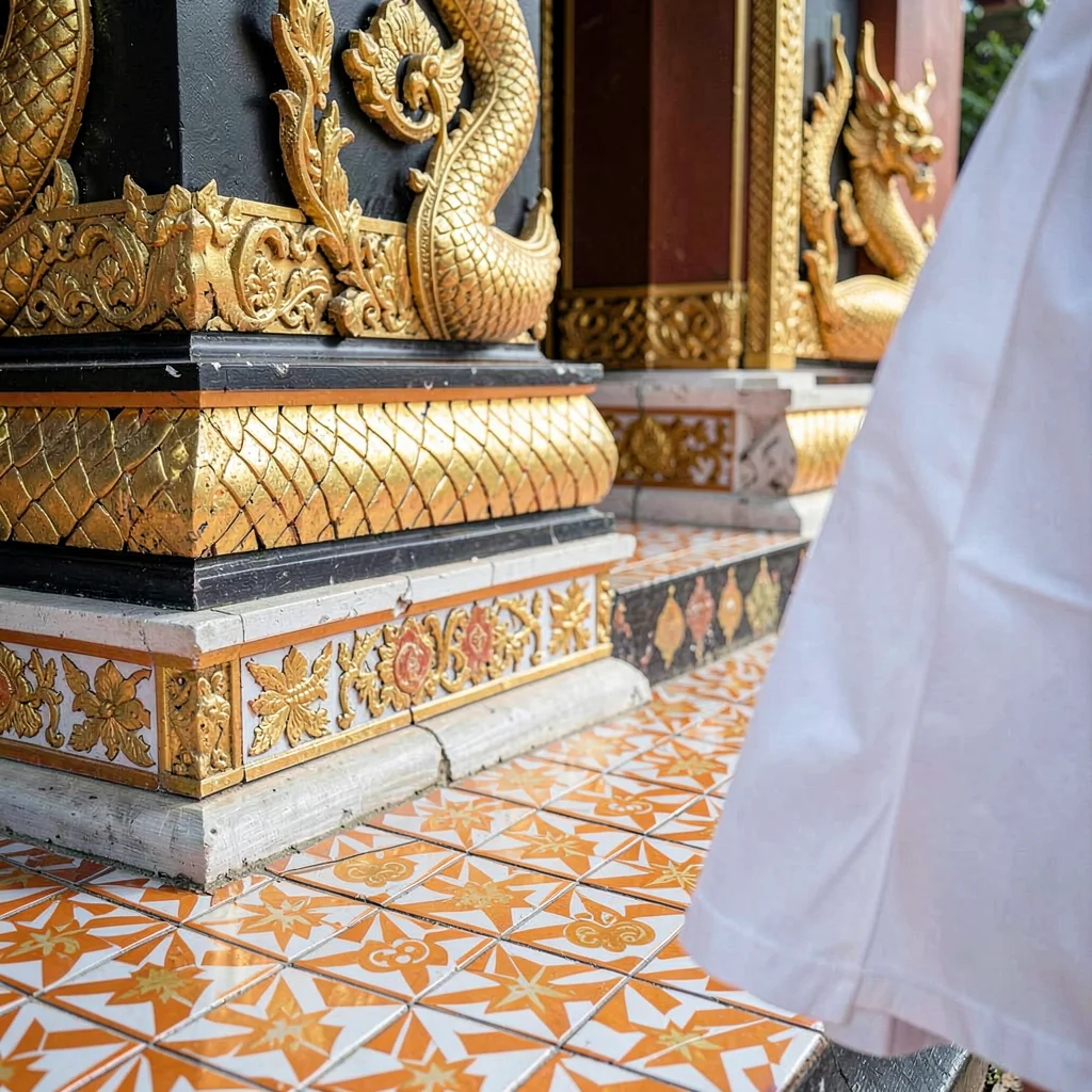 Lanna temple detail, Chiang Mai sacred ornament, temple floor tiles in geometric