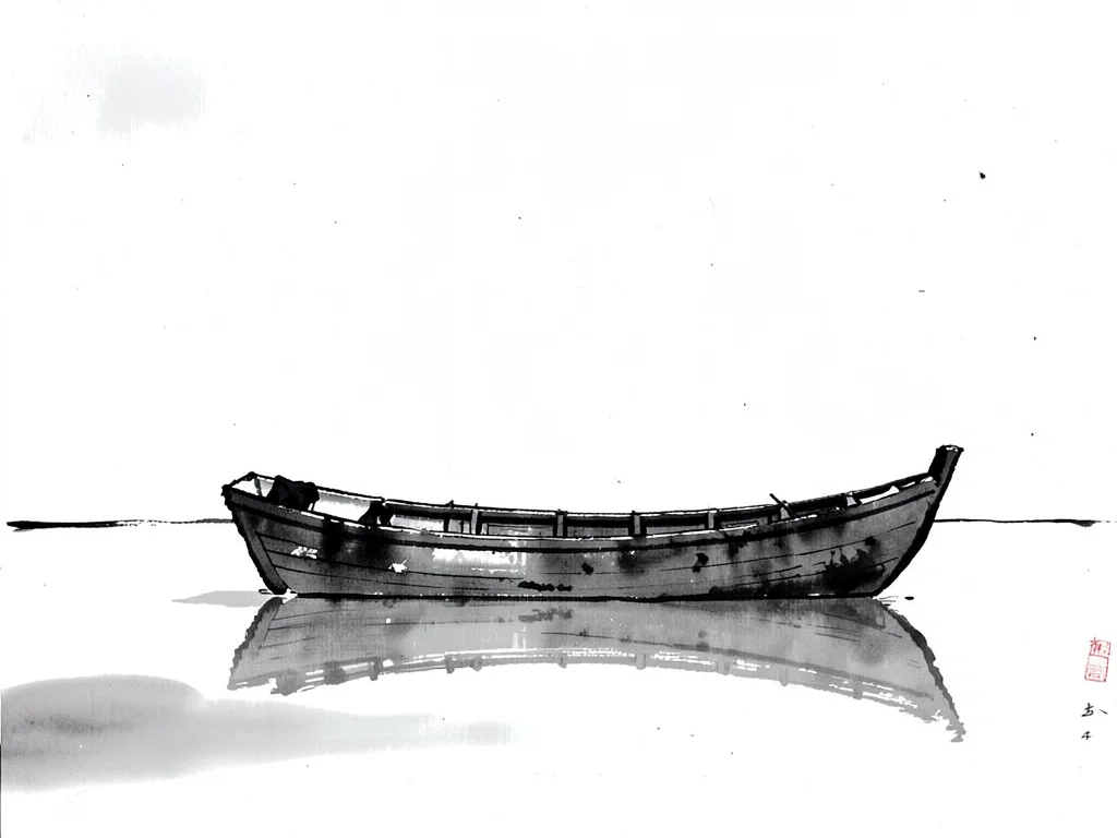 Boat on calm water, only hull and reflection visible, sky unmarked