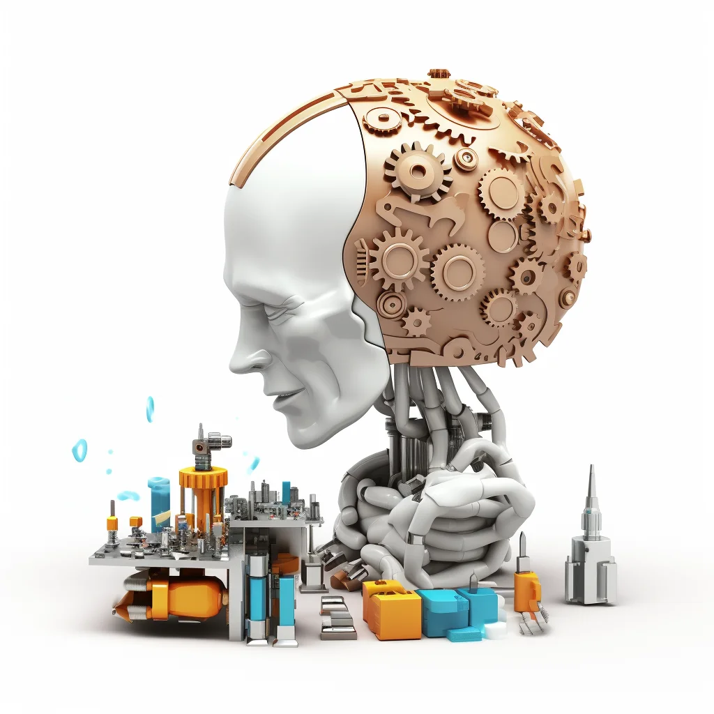3D plastilina robot brain assembly tools on clean whi