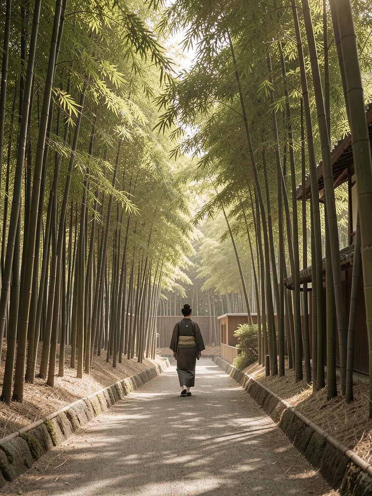 Kyoto bamboo grove path with dappled light, a single figure in traditional cloth