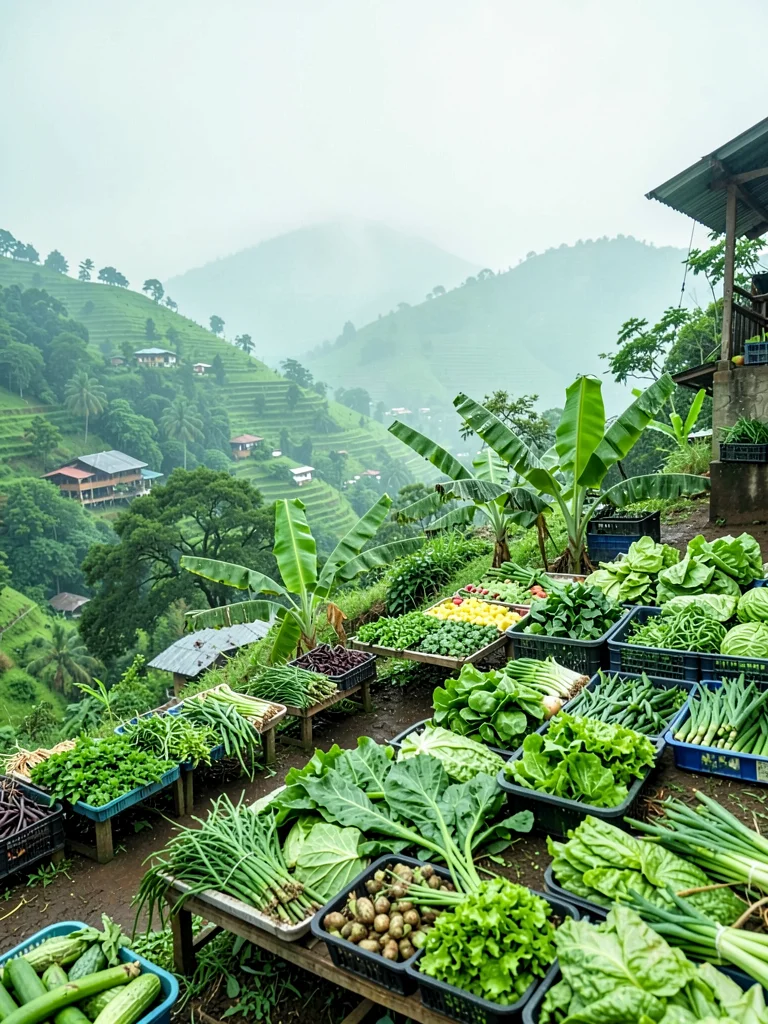 Emerald green hills through morning mist in Kigali, Rwanda, Market vegetables ar